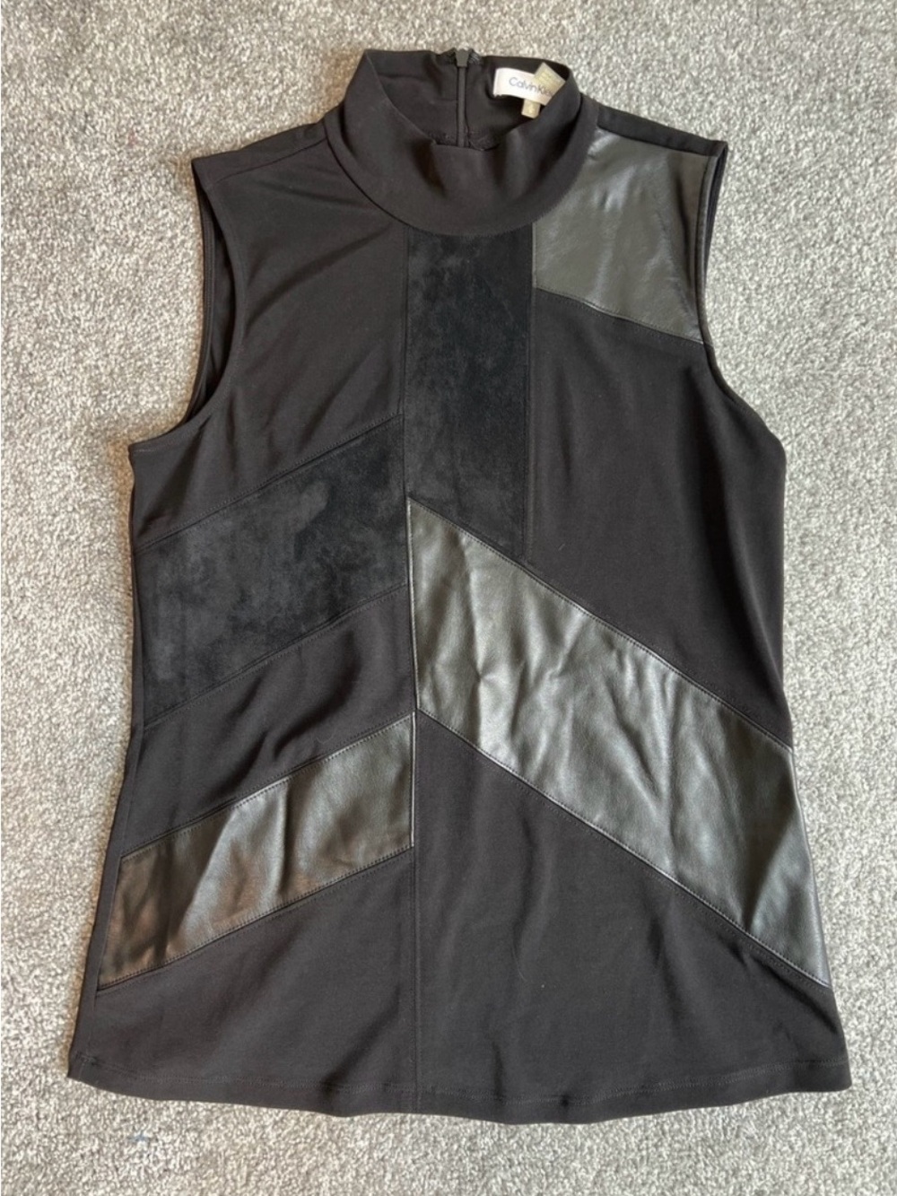 Calvin Klein Black Faux Leather & Suede Mixed Media Mock Neck Top S